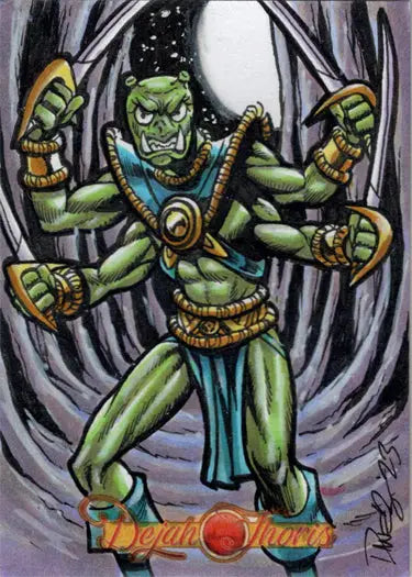 Green four-armed alien warrior in ornate armor on Dejah Thoris sketch card by Dave Beaty