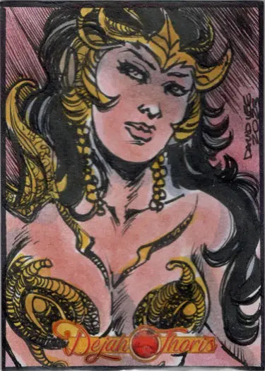 Stylized illustration of a woman with ornate golden headpiece from David Lee sketch card