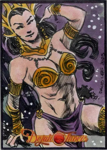 Stylized illustration of a muscular female warrior in golden armor for David Lee Sketch Card