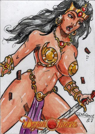 Fierce warrior woman in golden armor, sketch card by Delanio Dourado for trading cards