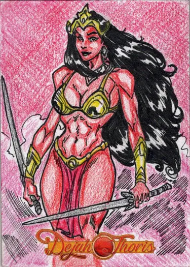 Warrior woman in golden armor on Dejah Thoris 5finity Sketch Card against pink backdrop