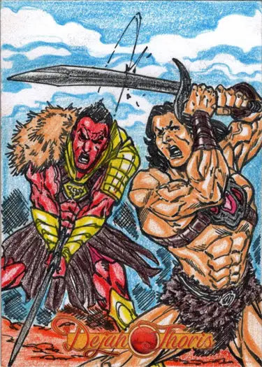 Comic-style artwork of warriors in battle on a Dejah Thoris sketch card