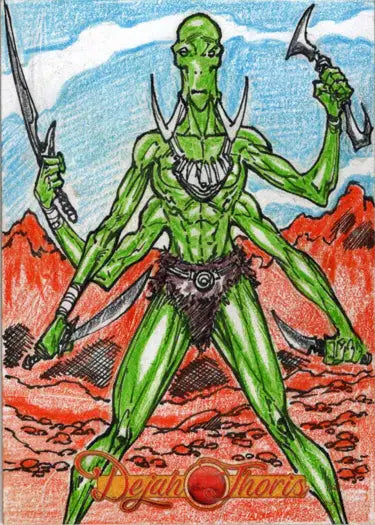 Green alien warrior with dual blades on Dejah Thoris 5finity 2023 sketch card