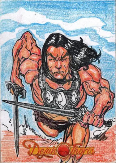 Muscular warrior with black hair wielding a sword on Dejah Thoris Sketch Card