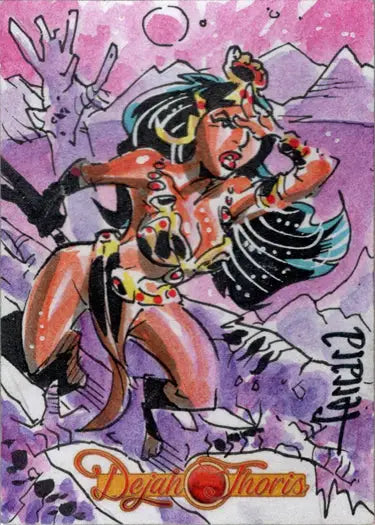 Colorful warrior woman illustration on Dejah Thoris Sketch Card by Eduardo Ferrara