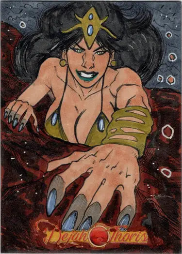 Stylized illustration of fierce woman with headpiece on Dejah Thoris Sketch Card