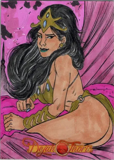 Scantily-clad female warrior sketch card artwork by Elson Jr. against pink background