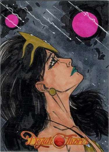 Profile view of a woman with long dark hair in a cosmic background, Dejah Thoris Sketch Card