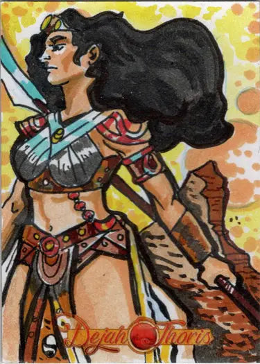 Stylized warrior woman illustration on Dejah Thoris 5finity 2023 sketch card