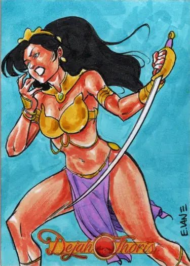 Warrior woman in golden armor and purple skirt on Eric Van Elslande sketch card