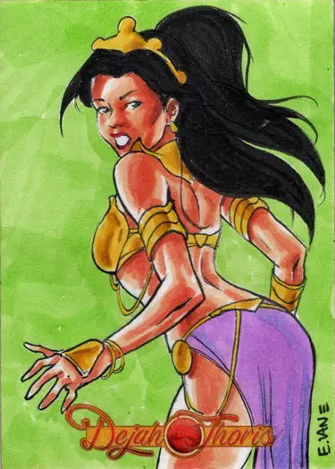 Stylized warrior woman in gold and purple by Eric Van Elslande for Sketch Card