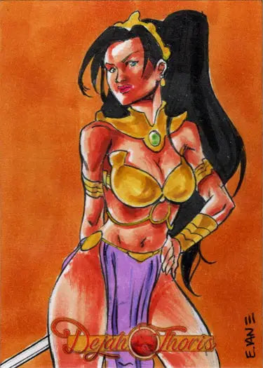 Fantasy warrior woman in golden armor and purple skirt by Eric Van Elslande sketch card