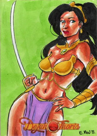 Stylized fantasy warrior woman with sword in gold armor by Eric Van Elslande sketch card