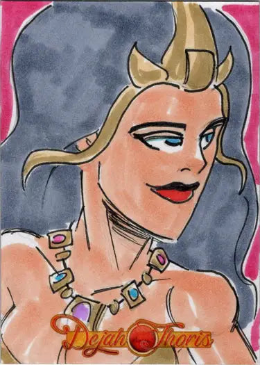 Stylized portrait of a blonde woman with horns in Gordon Wills sketch card design