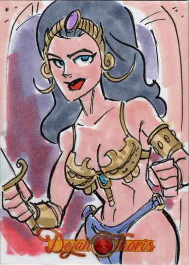 Stylized warrior woman in golden armor on Dejah Thoris sketch card by Gordon Wills