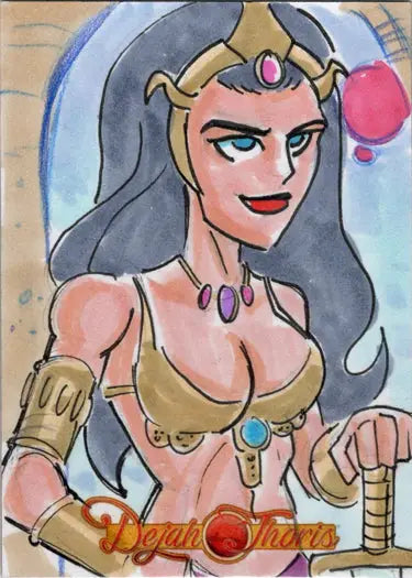 Animated female character in armor with gray hair on Dejah Thoris sketch card by Gordon Wills