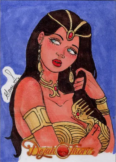 Stylized illustration of a woman in golden jewelry from Dejah Thoris Sketch Card by Grae Sundberg