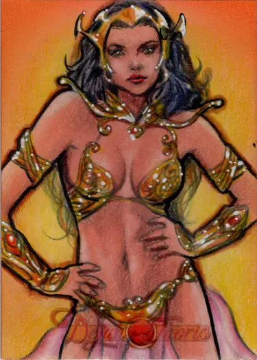 Fantasy illustration of a female warrior in Huy Truong’s Dejah Thoris sketch card