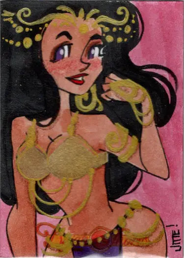 Stylized cartoon of woman in golden bikini on Dejah Thoris 5finity sketch card by Jme Foronda