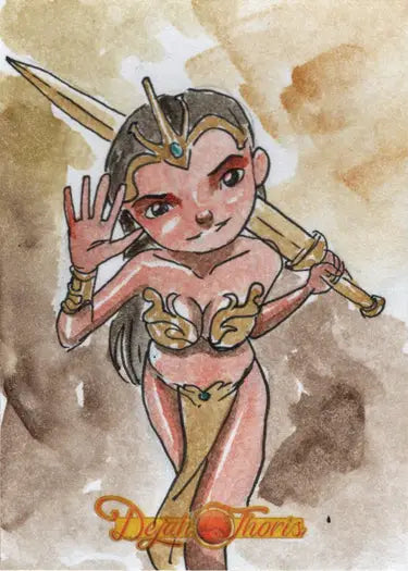 Cartoon-style female warrior with sword and armor on Dejah Thoris sketch card by Juan Mendez