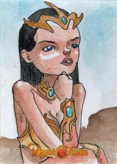 Stylized illustration of a woman with antler-like horns on a Juan Mendez sketch card