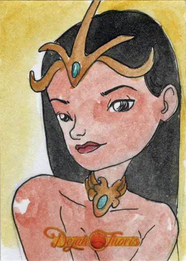 Stylized portrait of a woman with golden headpiece on Dejah Thoris Juan Mendez sketch card