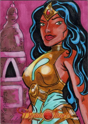 Colorful superhero woman illustration on Dejah Thoris sketch card by Kelly Everaert