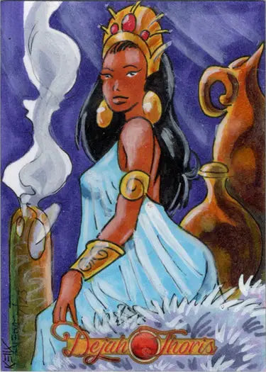 Regal woman in blue dress with golden headdress from Dejah Thoris sketch card by Kelly Everaert