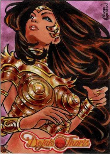 Warrior woman in golden armor on Dejah Thoris sketch card by Kinho Anderson