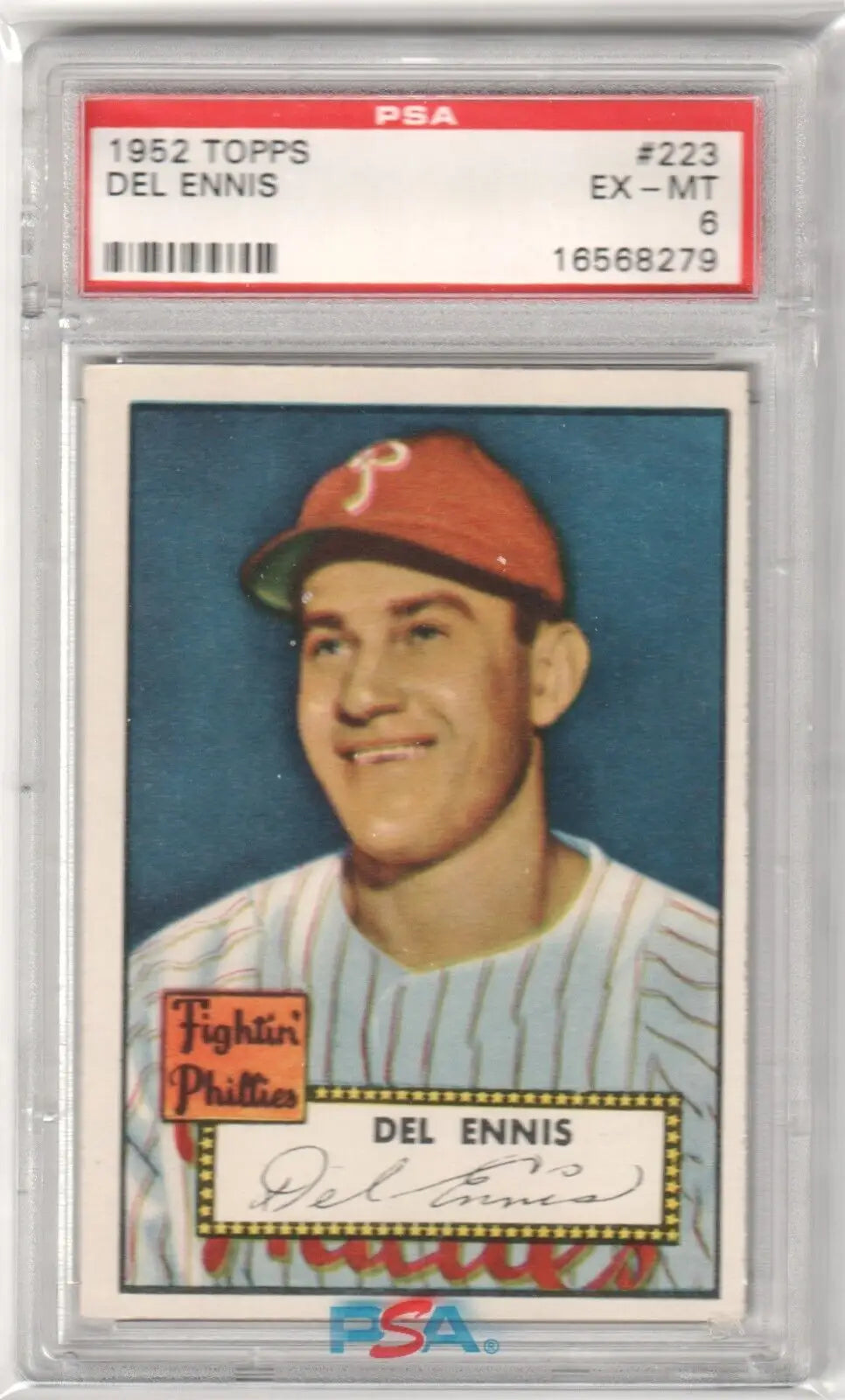 PSA-graded 1952 Topps Del Ennis baseball card in pinstripes, available at Columbia Hobby