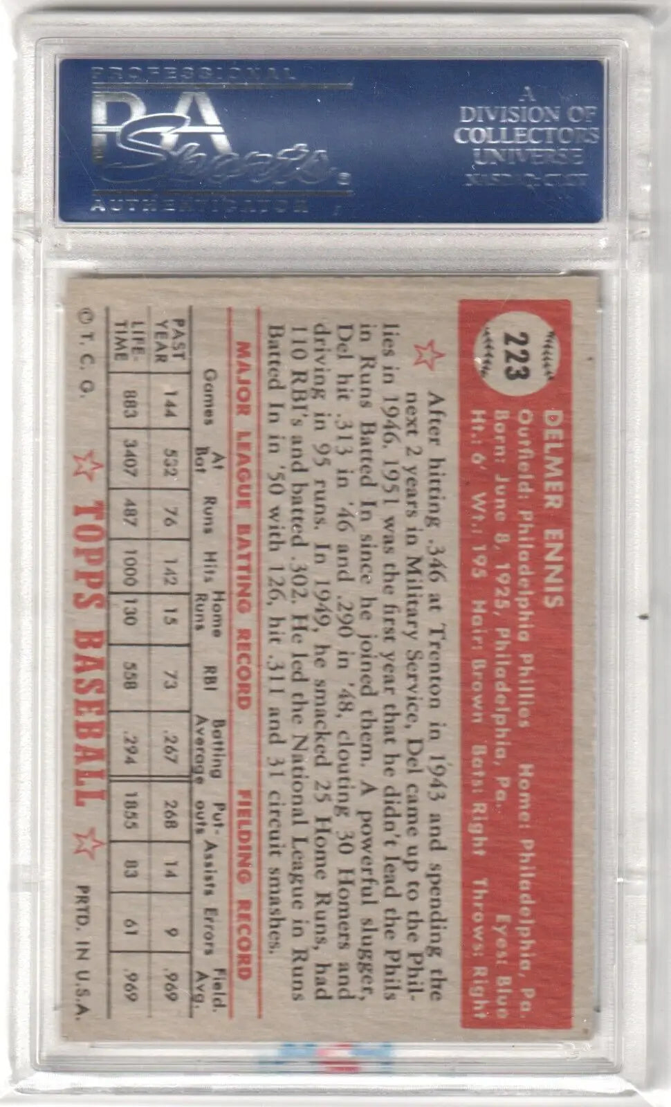 PSA-graded vintage baseball card back of Del Ennis 1952 Topps #223 from Columbia Hobby