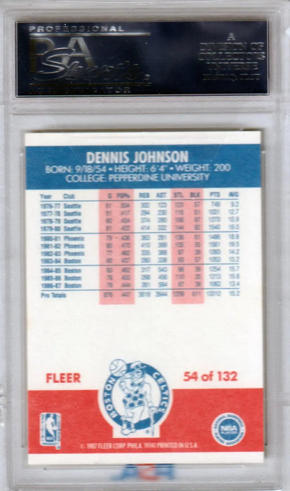 Dennis Johnson 1987-88 Fleer trading card in protective case with Boston Celtics logo