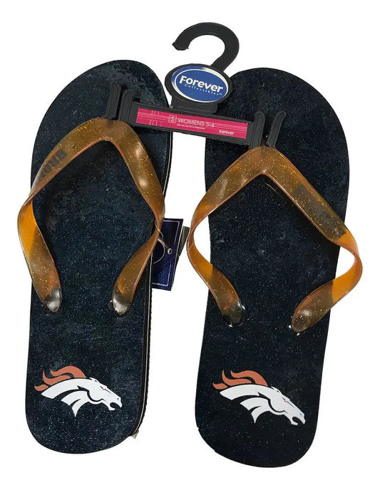 Denver Broncos Womens Glitter Thong Flip Flop Sandals with orange straps and logos