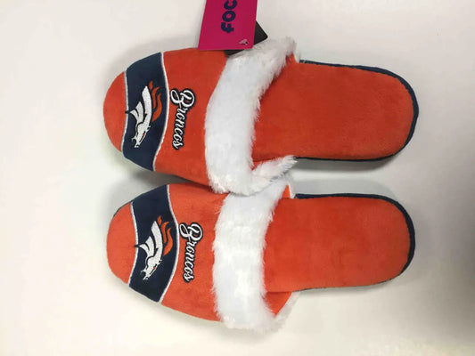 Denver Broncos Womens Stripe Logo Slippers with faux fur trim in orange and navy