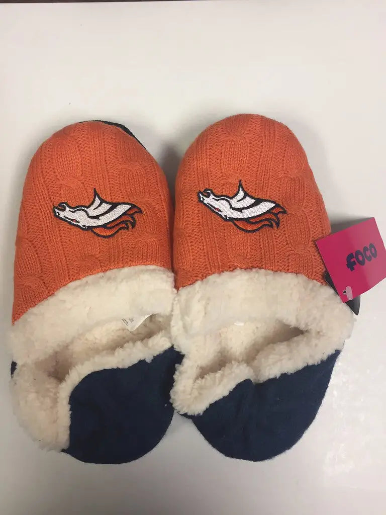 Denver Broncos Women’s Team Color Knit Moccasin Slippers in orange, blue, and white