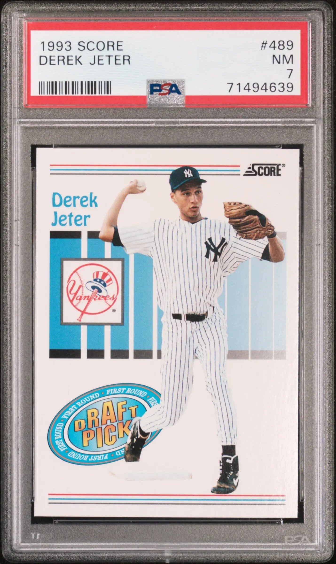 PSA-graded Derek Jeter 1993 Score rookie card in Yankees pinstripes from Columbia Hobby