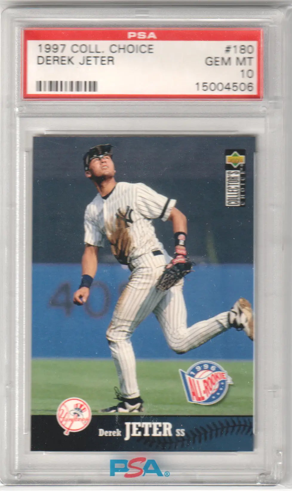 PSA 10 GEM MINT 1997 Derek Jeter Collector’s Choice Yankees trading card in fielding pose