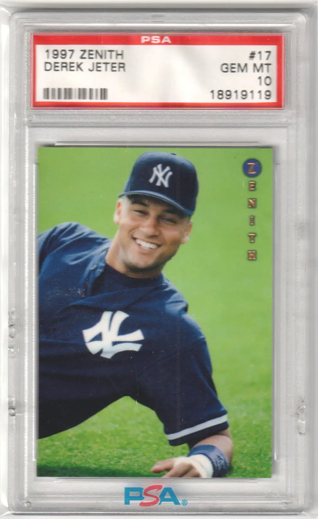 PSA-graded 1997 Zenith Derek Jeter baseball card in navy Yankees uniform for Columbia hobby