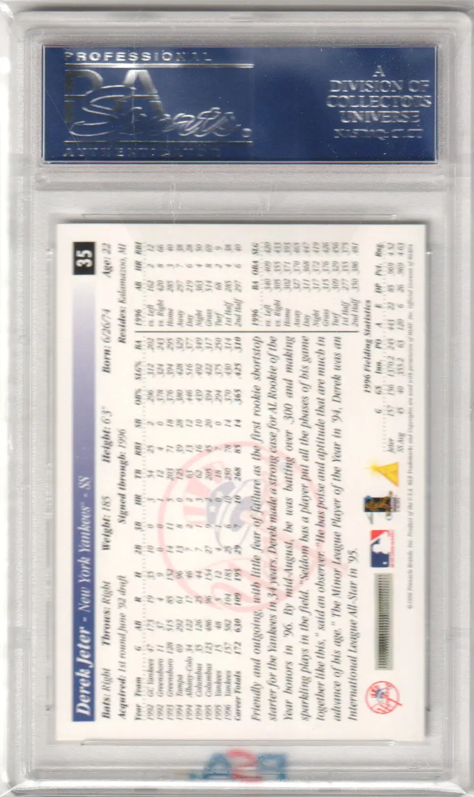 Back of DEREK JETER 1997 Score #35 trading card showing statistics in protective case