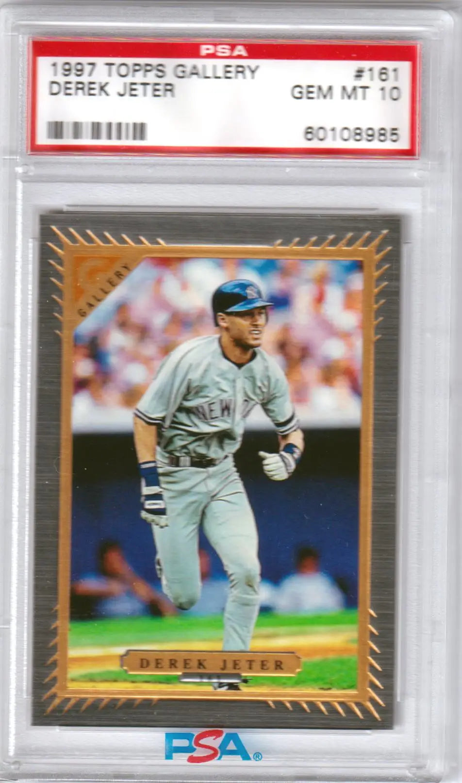 PSA-graded 1997 Topps Gallery Derek Jeter baseball card in protective case for Columbia Hobby