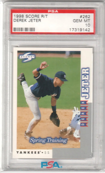 PSA graded 1998 Score Rookie Traded Derek Jeter baseball card in protective case