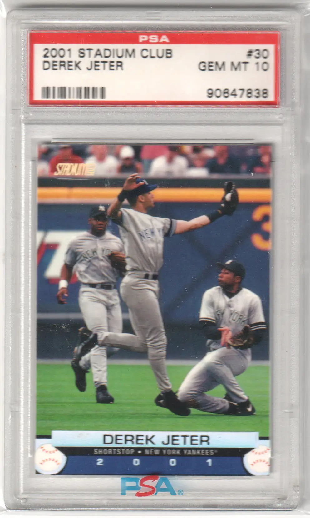 PSA-graded Derek Jeter 2001 Stadium Club baseball card leaping for a catch