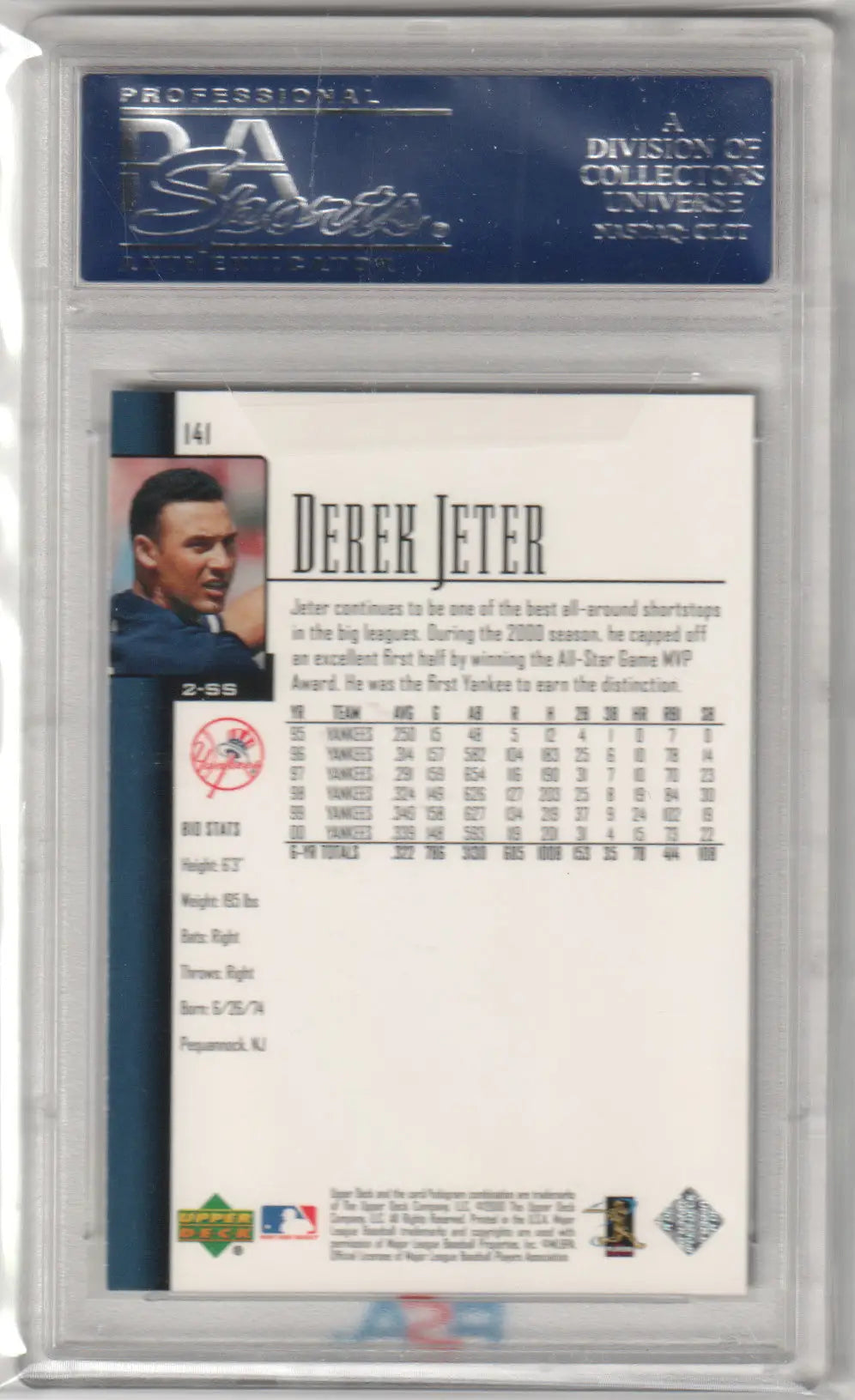 PSA-graded Derek Jeter baseball card with stats from Upper Deck for Columbia Hobby collectors