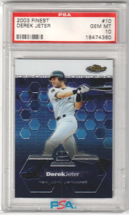 PSA graded 2003 Finest Derek Jeter trading card in batting stance for Columbia Hobby