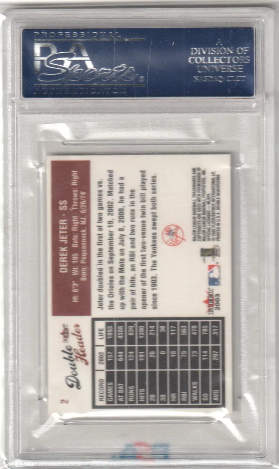 PSA-graded DEREK JETER 2003 Fleer Double Header card in protective holder by Columbia Hobby