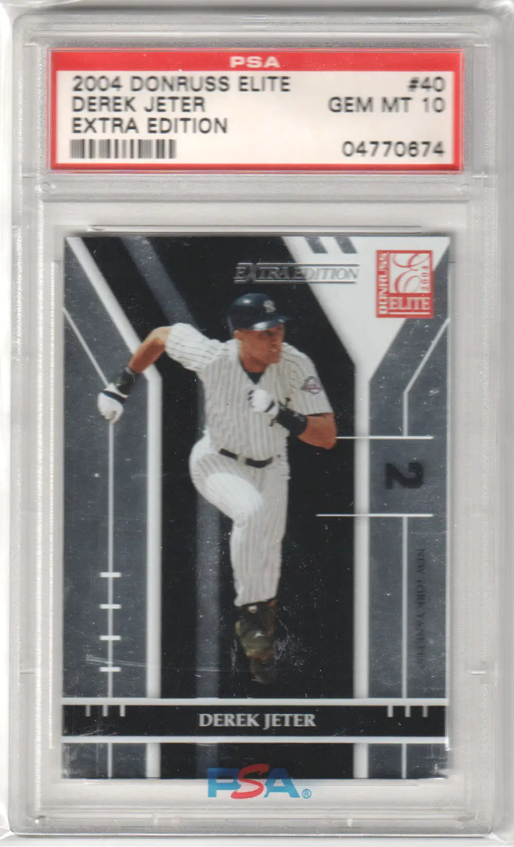 PSA-graded 2004 Donruss Elite Extra Edition Derek Jeter baseball card in case