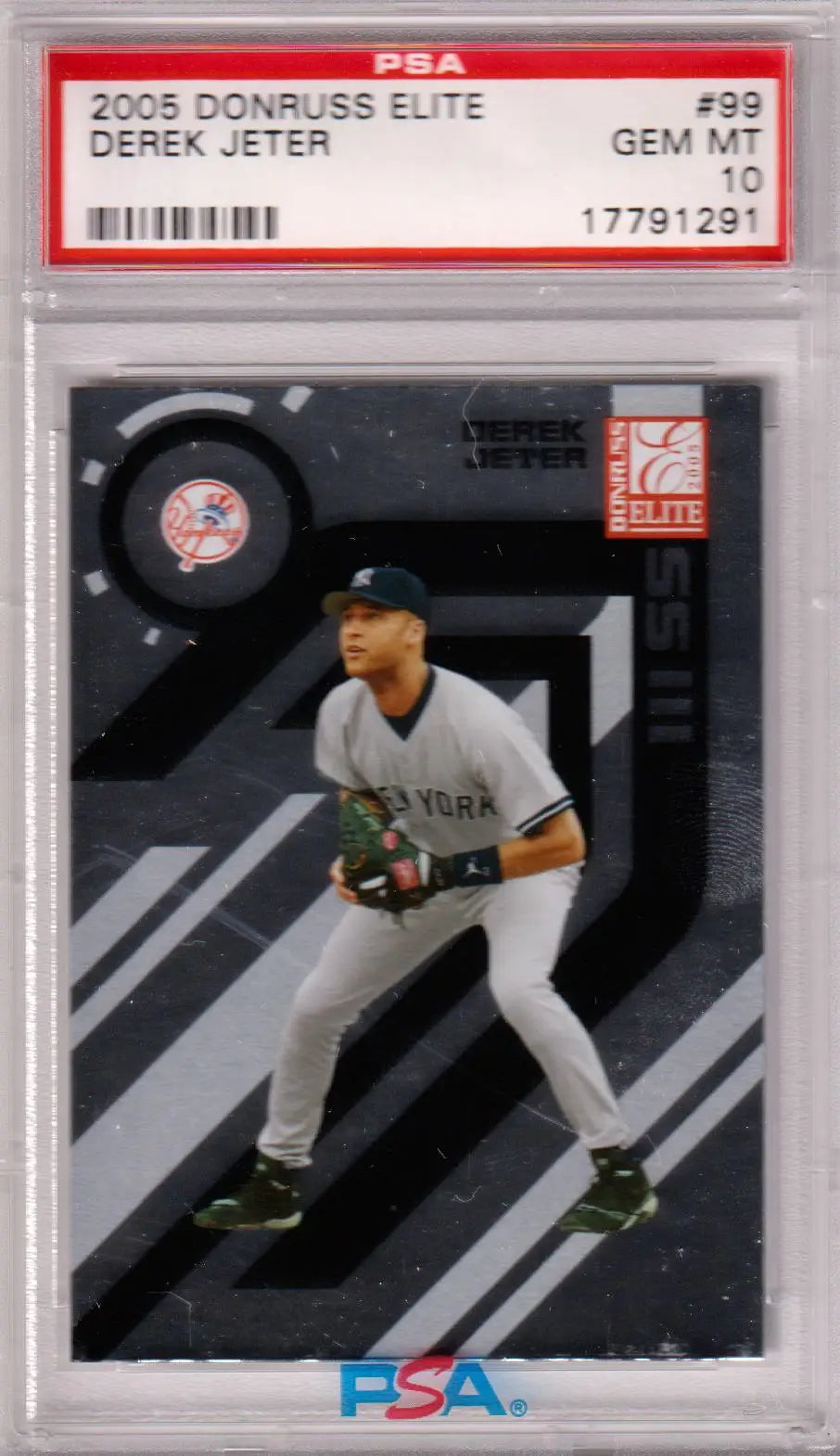 PSA-graded 2005 Donruss Elite Derek Jeter baseball card in protective case from Columbia Hobby