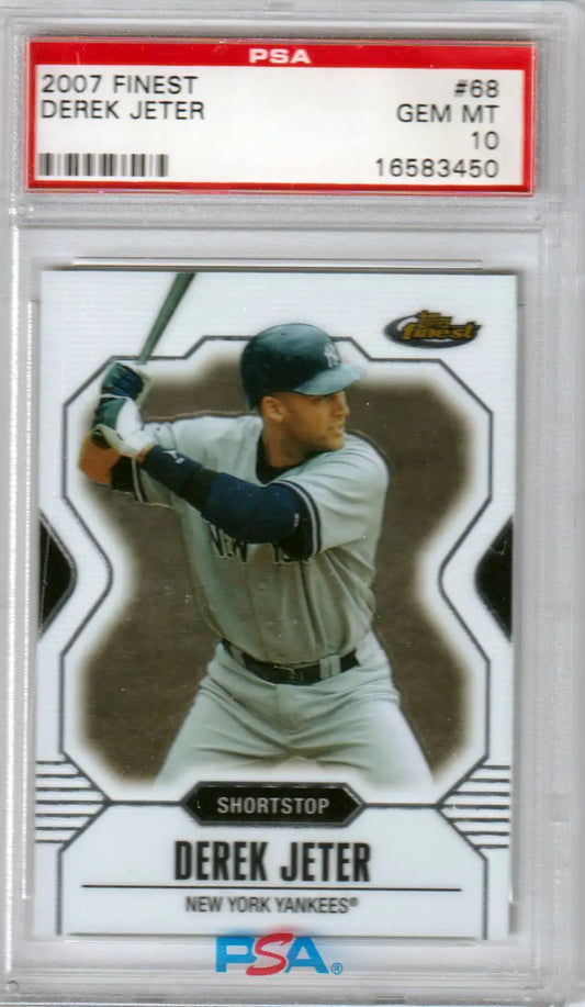 PSA-graded 2007 Finest Derek Jeter baseball card in Yankees batting stance, Columbia Hobby