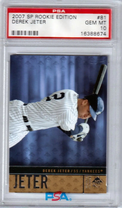 PSA 10 GEM MINT Derek Jeter 2007 SP Rookie Edition baseball card in Yankees uniform