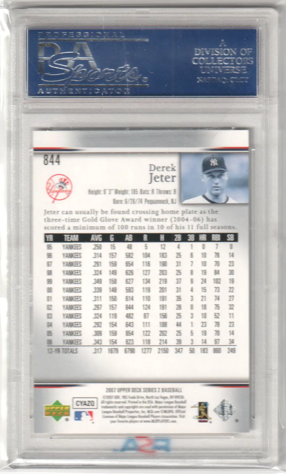 PSA-graded Derek Jeter 2007 Upper Deck #844 baseball card from Columbia Hobby